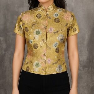 Vintage Inspired Gigi Clark Gold Brocade Mandarin Blouse Asian Floral Satin Top